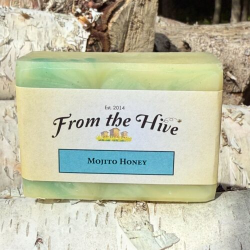 Our refreshing handcrafted cocktail inspired mojito honey soap 125g with a cream and green swirl thoughout the rectangular bar with spearmint lime and raw honey.