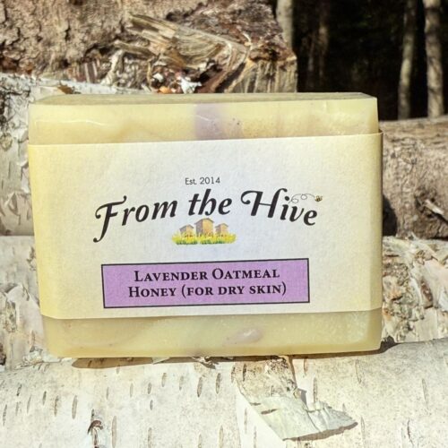 Lavender Honey natural rectangular soap bar 125g with a light purple and cream swirl throughout. Infused with Raw Honey for those with dry skin.