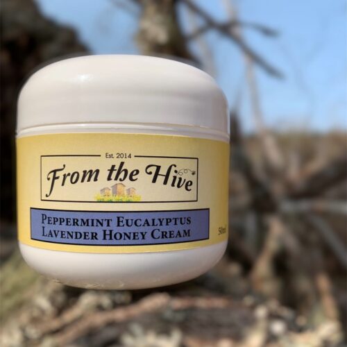 Peppermint Eucalyptus Lavender Honey face and hand cream. 50ml(2oz) white plastic double wall jar with round base and white dome cap.